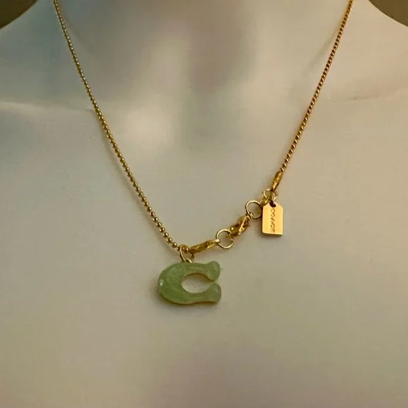 Coach Translucent Jade Green “C” Pendant 18k/.925 Necklace - Picture 6 of 9